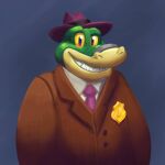  1:1 2021 alligator alligatorid anthro biped brok_(character) brok_the_investigator clothing crocodilian green_body hat headgear headwear male necktie portrait reptile scalie shirt sidthesquidart solo topwear video_games 