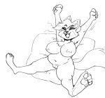 2020 anaugi anthro areola belly big_breasts black_and_white breasts cheek_tuft chest_tuft countershade_torso countershading domestic_cat eyebrow_through_hair eyebrows eyelashes eyes_closed eyeshadow facial_markings facial_tuft fangs felid feline felis female fluffy fluffy_tail fur genitals hair head_markings highlights_(coloring) inner_ear_fluff inverted_nipples katty_hupokoro line_art makeup mammal markings monochrome navel nipples open_mouth pawpads paws pillow pussy slightly_chubby solo stretching teeth translucent translucent_hair tuft yawn 