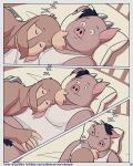  2021 4:5 abe_(mikrogoat) anthro basil_(mikrogoat) bed belly brown_body clothing comic domestic_pig duo english_text eyes_closed furniture hi_res horn hug lagomorph leporid lying male mammal mikrogoat overweight overweight_male pillow pubes rabbit shirt sleeping suid suina sus_(pig) text topwear 