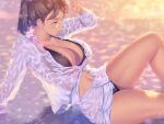 1girl a.x. bikini black_bikini breasts brown_hair cleavage large_breasts lips long_sleeves looking_afar navel original ponytail see-through sitting sunset swimsuit water wet wet_clothes 