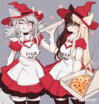  &lt;3 2021 anthro blush breasts cervid clothing domestic_cat duo felid feline felis female food fur glass hair hat headgear headwear hi_res long_hair looking_at_viewer maid_uniform mammal multicolored_hair offering_food one_eye_closed pepperoni_pizza pizza pizza_box pizza_hut ponytail rekiowaa round_glasses signature simple_background two_tone_hair uniform wink witch_hat 