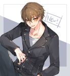  1boy :d bangs black_jacket black_pants blush brown_eyes brown_hair collarbone earrings eyebrows_visible_through_hair fushimi_gaku grey_background hair_between_eyes jacket jewelry knee_up long_sleeves looking_at_viewer male_focus mole mole_under_eye nijisanji open_mouth pants shikino_yuki shirt sitting smile solo stud_earrings two-tone_background virtual_youtuber white_background white_shirt 