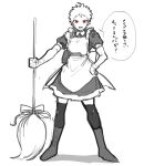  1boy :d alternate_costume apron boots broom crossdressing danganronpa_(series) danganronpa_2:_goodbye_despair dress enmaided full_body highres hinata_hajime holding holding_broom looking_at_viewer maid maid_apron maid_headdress male_focus open_mouth puffy_short_sleeves puffy_sleeves red_eyes short_hair short_sleeves simple_background smile solo speech_bubble spot_color standing suzumetarou thighhighs translation_request white_background 