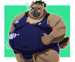  2021 absurd_res anthro belly black_nose blush brown_body brown_fur bulge canid canine canis clothed clothing cute_fangs domestic_dog fur hi_res humanoid_hands male mammal obese obese_male overweight overweight_male scar simple_background solo tdph2dubnoxxthu tokyo_afterschool_summoners video_games yasuyori 