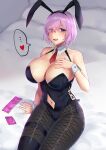  1girl absurdres animal_ears bangs bare_shoulders black_leotard blush breasts bunny_ears cleavage condom_packet_strip condom_wrapper detached_collar fake_animal_ears fate/grand_order fate_(series) fishnet_legwear fishnets hair_over_one_eye highres hitomin_(ksws7544) large_breasts leotard light_purple_hair looking_at_viewer mash_kyrielight open_mouth pantyhose playboy_bunny purple_eyes short_hair sitting smile strapless strapless_leotard thighs wrist_cuffs 