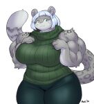  2020 absurd_res anthro biceps big_breasts blue_hair bottomwear breasts clothing deltoids felid female fur grey_body grey_fur hair hi_res mammal muscular muscular_female pantherine pants razzberryboat simple_background snow_leopard solo sweater topwear triceps white_background 