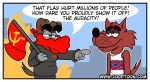  absurd_res anthro border canid canine canis comic communism confederate_flag dialogue domestic_dog duo english_text fire fox fur grey_body grey_fur hammer_and_sickle hi_res male mammal mask politics red_body red_fur simple_background speech_bubble text toony white_border zooptoon 