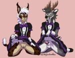  andromorph anthro antlers balls bottomwear bow_tie cervid cervine clothed clothing clothing_lift crossdressing duo ear_tuft felid genitals hand_on_leg hand_on_thigh hi_res hooves horn intersex jamura jb_greymane kneeling lion maid_uniform male mammal narrowed_eyes pantherine penis pussy redfeatherstorm simple_background skirt skirt_lift smile smirk spots tuft uniform wristband 