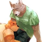  2021 anthro arufina_w bottomwear brown_body brown_fur canid canine clothing duo eyes_closed fur kemono male male/male mammal overweight overweight_male pants shirt simple_background topwear ursid white_background 