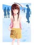  1girl :&lt; ahoge animal_print bangs beach bear_print breasts brown_hair canoka cloud collarbone commentary exhibitionism footprints furrowed_eyebrows highres jacket kantai_collection kuma_(kantai_collection) light_blush long_hair male_swimwear male_swimwear_challenge monochrome_background ocean off_shoulder outside_border pink_jacket red_eyes shorts silhouette sky small_breasts solo_focus swim_trunks swimwear topless translated walking yellow_shorts 