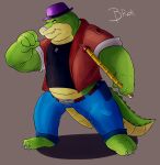  2021 alligator alligatorid anthro bottomwear brok_(character) brok_the_investigator clothing crocodilian green_body hat headgear headwear hi_res humanoid_hands inteur male muscular muscular_male pants reptile scalie shirt simple_background solo topwear video_games 