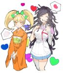  2girls apron bandaged_arm bandaged_leg bandages bandaid black_hair blonde_hair blue_skirt blush blush_stickers bow breasts cat_hair_ornament closed_eyes commentary_request cowboy_shot cropped_legs danganronpa_(series) danganronpa_2:_goodbye_despair furisode genderswap green_bow hair_bow hair_ornament heart highres japanese_clothes kimono long_hair mole mole_under_eye multiple_girls nurse obi open_mouth pink_shirt puffy_short_sleeves puffy_sleeves saionji_hiyoko sash shirt short_sleeves sketch skirt smile speech_bubble spoken_blush spoken_heart suzumetarou tsumiki_mikan twintails white_background wide_sleeves yellow_eyes 