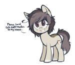 brown_eyes brown_hair cutie_mark dialogue english_text equid equine eyelashes female feral freckles fur hair higglytownhero hooves horse mammal messy_hair my_little_pony pony simple_background smile solo standing tan_body tan_fur text white_background 