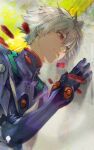  1boy absurdres closed_mouth commentary evangelion:_3.0_you_can_(not)_redo floating hair_between_eyes highres huge_filesize kyuuba_melo light_smile male_focus nagisa_kaworu neon_genesis_evangelion number plugsuit rebuild_of_evangelion red_eyes smile solo turtleneck upper_body white_hair 