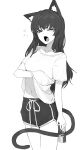  1girl absurdres animal_ear_fluff animal_ears black_shorts breasts can cat_ears cat_girl cat_tail collarbone crowcrycaw dolphin_shorts fangs greyscale half-closed_eyes highres holding holding_can long_hair medium_breasts monochrome navel one_eye_closed original red_bull scratching shirt shirt_lift short_sleeves shorts simple_background solo standing tail tearing_up waking_up white_background white_shirt yawning 