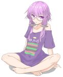  1girl arm_support arms_behind_back barefoot bespectacled character_name clothes_writing collarbone commentary glasses hair_tubes highres indian_style looking_at_viewer purple-framed_eyewear purple_eyes purple_hair purple_shirt sena_kizahashi shirt short_hair_with_long_locks sidelocks sitting solo vocaloid voiceroid white_background yuzuki_yukari 