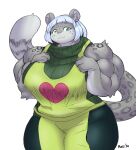  2020 absurd_res anthro apron biceps big_breasts blue_hair bottomwear breasts clothing deltoids felid female fur grey_body grey_fur hair hi_res mammal muscular muscular_female pantherine pants razzberryboat simple_background snow_leopard solo sweater topwear triceps white_background 
