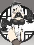  1girl bangs bare_shoulders black_blindfold blindfold breasts cleavage clothing_cutout covered_eyes detached_sleeves dress hairband hat highres houtengeki large_breasts long_sleeves nier_(series) nier_automata pelvic_curtain qing_guanmao short_hair sleeves_past_fingers sleeves_past_wrists thighs white_hair yorha_no._2_type_b 