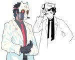  1boy black_gloves black_hair closed_mouth coat gas_mask gloves gradient gradient_hair half-closed_eyes hand_on_mask highres kometsubu labcoat male_focus mask mask_lift multicolored_hair necktie original red_neckwear simple_background smile white_background white_coat 