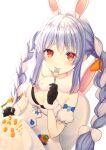  1girl :3 animal_ear_fluff animal_ears bare_shoulders birthday black_bra black_gloves blue_hair blue_ribbon bra braid breasts bunny_ears cake carrot carrot_cake carrot_hair_ornament cleavage closed_mouth commentary_request detached_sleeves don-chan_(usada_pekora) dress eating extra_ears eyebrows_visible_through_hair food food_themed_hair_ornament fork fur_trim gloves hair_ornament happy_birthday holding holding_fork hololive light_blush long_hair looking_at_viewer mixed-language_commentary multicolored_hair orange_eyes pom_pom_(clothes) puffy_short_sleeves puffy_sleeves ribbon sakura_yunuto short_sleeves sidelocks simple_background small_breasts solo thick_eyebrows twin_braids twintails two-tone_hair underwear upper_body usada_pekora very_long_hair virtual_youtuber white_background white_dress white_hair 