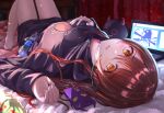  1girl bangs bed_sheet black_sweater blanket blurry blurry_background blush bottle breasts brown_hair computer earphones eyebrows_visible_through_hair hair_between_eyes hand_on_own_chest highres idolmaster idolmaster_shiny_colors knees_up laptop large_breasts legs long_hair long_sleeves looking_at_viewer looking_up lying messy_hair on_back oosaki_amana parted_lips phone sidelocks sky_cappuccino smile solo stuffed_toy sweater thighs water_bottle yellow_eyes 