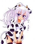  1girl alternate_costume animal_ears animal_print bangs blush breasts cow_ears cow_hood cow_horns cow_print cow_tail cowboy_shot drawstring eyebrows_visible_through_hair highres holding_hoodie horns long_hair looking_at_viewer medium_breasts minato_mal mononobe_no_futo open_mouth ponytail purple_eyes short_sleeves silver_hair simple_background solo standing sweat tail touhou white_background 
