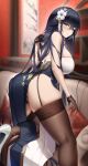  1girl absurdres ass azuma_(azur_lane) azur_lane bare_shoulders black_hair black_panties blush breasts brown_gloves brown_legwear closed_mouth commentary_request couch dress flower fouriasensei from_behind garter_straps gloves hair_flower hair_ornament hand_in_hair hand_up high_heels highres indoors large_breasts leaning_forward long_hair looking_at_viewer looking_back open_mouth panties pantyshot pelvic_curtain seductive_smile shelf skindentation smile solo straight_hair thighhighs underwear very_long_hair white_flower white_footwear yellow_eyes 