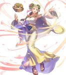  1girl anbe_yoshirou armpits bangs blonde_hair breasts cape circlet dress fire_emblem fire_emblem_heroes floating floating_object flower flower_pot full_body gold_trim gradient gradient_clothes gradient_hair hair_ornament henriette_(fire_emblem) highres long_dress looking_away medium_breasts multicolored_hair official_art open_mouth petals pink_hair sandals shiny shiny_hair sidelocks smile toes transparent_background wide_sleeves 