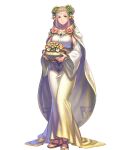  1girl anbe_yoshirou bangs blonde_hair breasts cape circlet closed_mouth collarbone dress fingernails fire_emblem fire_emblem_heroes flower flower_pot full_body gold_trim gradient gradient_clothes gradient_hair hair_ornament henriette_(fire_emblem) highres holding jewelry long_dress looking_at_viewer medium_breasts multicolored_hair official_art pink_hair sandals shiny shiny_hair sidelocks smile standing toes transparent_background wide_sleeves 