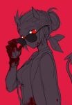  1girl adjusting_eyewear after_battle blood blood_on_face bloody_clothes bloody_hands demon_girl demon_horns demon_tail gloves helltaker highres horns jacket jacket_on_shoulders justice_(helltaker) limited_palette looking_at_viewer necktie noaharbre red_background red_eyes sleeves_rolled_up sunglasses tail tied_hair 