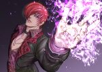  1boy aoki_masahiko choker coat fire hair_over_one_eye jacket jewelry looking_at_viewer male_focus pants purple_fire pyrokinesis red_eyes red_hair short_hair simple_background snk solo the_king_of_fighters the_king_of_fighters_xv yagami_iori 