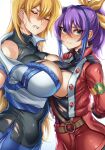  2girls arms_behind_back asymmetrical_docking bare_shoulders belt blonde_hair blue_hair breast_envy breast_press breasts breasts_outside bush clenched_teeth closed_mouth collarbone covered_collarbone covered_navel eyebrows_visible_through_hair gradient gradient_background green_eyes hair_between_eyes highres hikari_(komitiookami) ku_koro large_breasts long_hair medium_breasts multicolored multicolored_hair multiple_girls parted_lips ponytail purple_hair serena_(yu-gi-oh!) sweat teeth tenjouin_asuka torn torn_clothes turtleneck yu-gi-oh! yu-gi-oh!_arc-v yu-gi-oh!_gx zipper zipper_pull_tab 