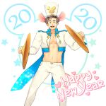  1boy 2020 abs animal_ears bara bare_pecs chinese_zodiac collared_jacket cropped_jacket feet_out_of_frame happy_new_year highres instrument_request jacket male_focus midriff mouse_boy mouse_ears navel new_year nipples open_clothes open_jacket open_pants original pants pectorals short_hair smile solo stomach toned toned_male white_jacket white_pants winemvee year_of_the_rat 
