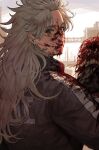  1boy 1girl airpro033 blood corpse dorohedoro gloves gym_uniform hair_between_eyes highres long_hair looking_at_viewer muscular muscular_female noi_(dorohedoro) punching red_eyes solo white_hair 
