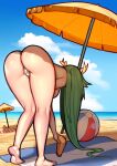  1girl absurdres ass ass_focus ball beach bent_over bikini breasts close-up from_behind green_hair highres huge_ass kid_icarus large_breasts long_hair lower_body mariezone palutena solo swimsuit umbrella very_long_hair 