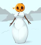  &lt;3 anthro big_breasts breasts corromon curvy_figure eyelashes female food fruit humanoid looking_at_viewer open_mouth outside plant pumpkin pumpkin_head smile snow snowman standing stick_arms thick_thighs white_body 