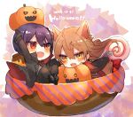  2boys :d arms_up bangs black_footwear black_gloves black_jacket black_pants blush boots brown_eyes brown_hair candy chibi dated eyebrows_visible_through_hair fang food fushimi_gaku gloves grey_shirt hair_between_eyes halloween in_bowl in_container jack-o&#039;-lantern jacket kenmochi_touya lollipop long_hair long_sleeves looking_at_viewer male_focus miniboy multiple_boys nijisanji open_clothes open_jacket open_mouth pants purple_hair red_eyes shikino_yuki shirt shoe_soles smile swirl_lollipop very_long_hair 