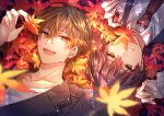  2boys :d arm_up autumn_leaves bandaged_hands bandages bangs black_hair black_jacket blurry blurry_foreground brown_eyes brown_hair closed_mouth collared_shirt depth_of_field eyebrows_visible_through_hair fang fushimi_gaku hair_between_eyes hand_up jacket kenmochi_touya leaf long_sleeves looking_at_viewer lying male_focus maple_leaf mole mole_under_eye multiple_boys necktie nijisanji on_back open_mouth red_neckwear shikino_yuki shirt smile upper_body virtual_youtuber white_shirt 