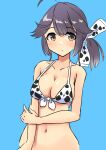  1girl absurdres ahoge animal_print bikini bikini_top blue_background breasts cleavage commentary_request cow_print front-tie_top gradient_hair grey_hair hair_ribbon hayanami_(kantai_collection) highres kantai_collection komb looking_at_viewer medium_breasts multicolored_hair navel ponytail ribbon sidelocks simple_background solo swimsuit upper_body white_bikini white_ribbon yellow_eyes 