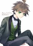  1boy ahoge bangs black_bow black_jacket black_neckwear black_pants bow bowtie brown_hair commentary_request danganronpa:_trigger_happy_havoc danganronpa_(series) danganronpa_10th_anniversary_costume dated eyebrows_visible_through_hair feet_out_of_frame from_side green_eyes green_vest happy_birthday jacket looking_at_viewer male_focus naegi_makoto open_clothes open_jacket pants shirt short_hair simple_background sitting sketti smile solo vest white_background white_shirt 