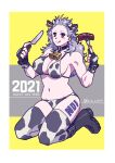  1girl 2021 animal_costume animal_ears animal_print bell bell_collar bikini breasts chinese_zodiac collar cow cow_costume cow_ears cow_girl cow_horns cow_print cow_tail dorohedoro food fork hair_between_eyes happy_new_year highres horns long_hair looking_at_viewer muscular muscular_female navel navem new_year noi_(dorohedoro) print_bikini sako simple_background solo swimsuit tail thighhighs white_hair year_of_the_ox 