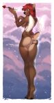  2021 5_fingers anthro bastika big_breasts breasts brown_body brown_fur cervid digital_media_(artwork) eyebrows eyelashes feathered_wings feathers feet female fingers fur hair hi_res mammal nude red_hair smile solo toes wings yellow_eyes 