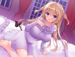  aqua_eyes barefoot bed blush brown_hair dress long_hair original siooooono 