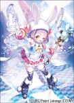  1girl ;d animal_ears animal_hat ario blue_footwear blue_legwear boots bow bunny_ears character_request checkered checkered_floor commentary_request company_name fake_animal_ears fold-over_boots frilled_skirt frills gloves hat knee_boots long_hair looking_at_viewer magical_girl official_art one_eye_closed open_mouth pom_pom_(clothes) print_footwear print_legwear purple_hair skindentation skirt smile solo sparkle star_(symbol) sticker thighhighs v wand white_gloves wixoss yellow_bow 