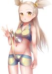  1girl bare_arms blonde_hair blush breasts cameltoe collarbone commentary_request cosplay elesa_(pokemon) elesa_(pokemon)_(cosplay) hair_bobbles hair_ornament hand_up highres holding jasmine_(pokemon) long_hair looking_to_the_side navel open_mouth oren_(770len) pokemon pokemon_(game) pokemon_hgss shiny shiny_skin solo yellow_eyes 