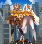  2022 anthro blue_sky building car city clothed clothing cloud day digital_media_(artwork) dress extreme_size_difference eyebrows female fingers footwear gesture gigantamax_cinderace gigantamax_pokemon hi_res legwear long_ears macro mammal mega_evolution mega_lopunny nintendo one_eye_closed open_mouth panties pokemon pokemon_(species) size_difference sky son2j underwear upskirt v_sign vehicle video_games white_clothing white_panties white_underwear wink yellow_clothing yellow_dress 