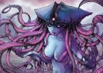  1girl black_sclera blue_skin colored_sclera colored_skin colored_tongue commentary commission completely_nude emrakul_the_aeons_torn english_commentary fingernails looking_at_viewer magic:_the_gathering monster_girl nude personification purple_nails purple_tongue sharp_fingernails shinbross signature smile solo tentacle_hair tentacles tongue tongue_out twitter_username upper_body watermark web_address yellow_eyes 