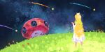  1girl blonde_hair crown dress flower grass long_hair mario_(series) orange_flower red_flower rosalina shooting_star solo space space_craft standing star_(sky) super_mario_galaxy very_long_hair white_dress window1228 