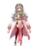  1girl artist_request bangs choker closed_mouth dress expressionless fire_emblem fire_emblem_heroes flower flower_pot full_body gold_trim gradient gradient_clothes grey_hair hair_ornament head_tilt highres holding jewelry long_hair looking_at_viewer official_art pelvic_curtain red_hair red_legwear sandals shiny shiny_hair solo thighhighs tiara toes transparent_background veronica_(fire_emblem) wide_sleeves 