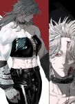  1girl airpro033 blood breasts corset deep_wound dorohedoro hair_between_eyes highres injury long_hair looking_at_viewer muscular muscular_female noi_(dorohedoro) red_eyes simple_background solo white_hair 